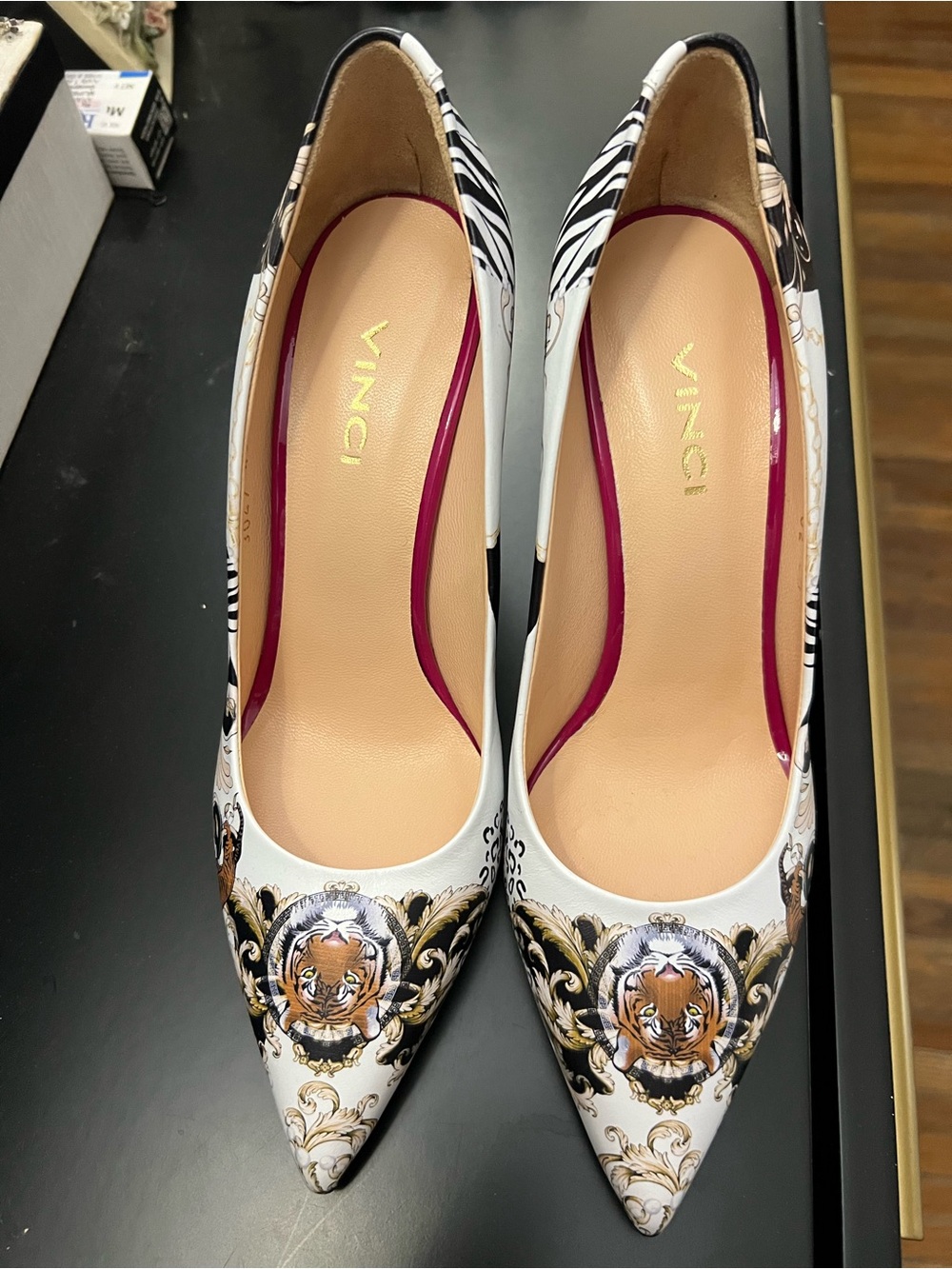 VINCI White Pointed-Toe Pumps with Black & Gold Baroque Print